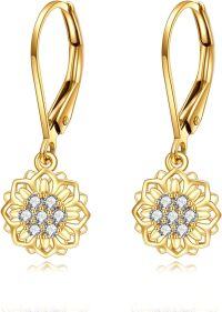 wholesale 14K Gold Drop Earrings with Flower Design and CZ Stones-Sunflower Leverback