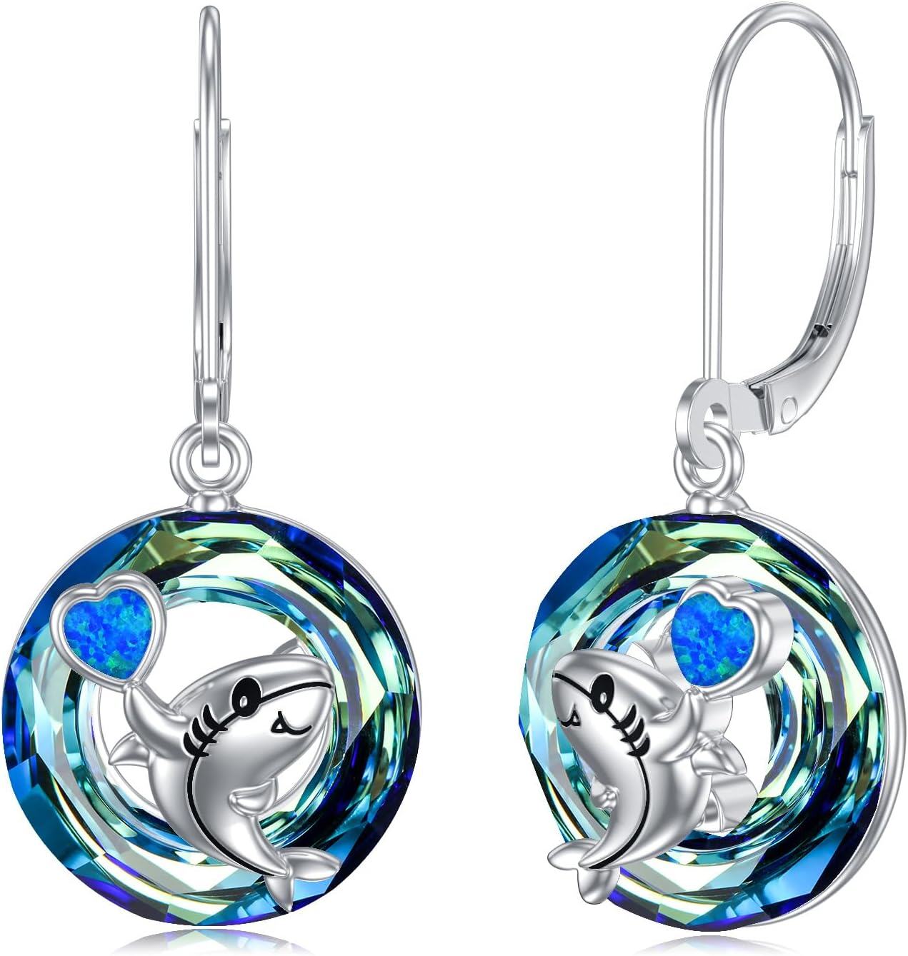 Sterling Silver Crystal Sea Turtle Dangle Earrings for Women Valentine s Day Gifts-Shark