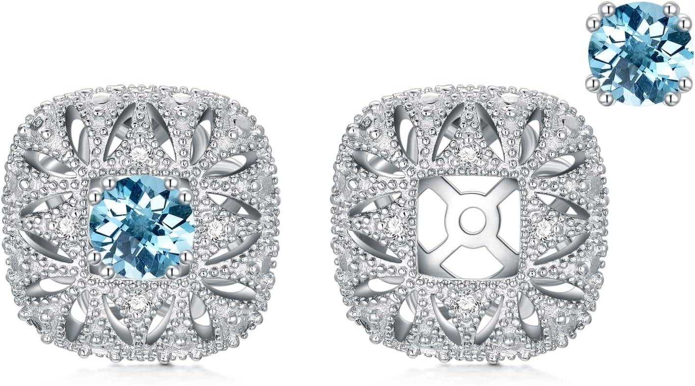 925 Sterling Silver Blue Topaz Stud Earrings with Cubic Zirconia Accents - Square Shape-0-0