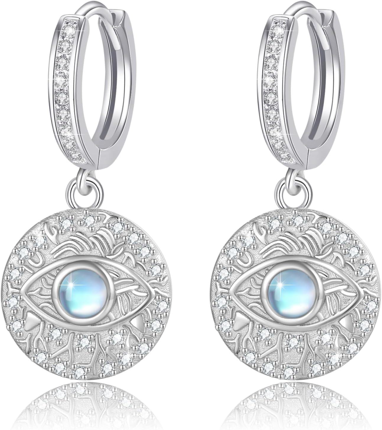 925 Sterling Silver Moonstone Evil Eye Huggie Hoop Earrings for Women - Hypoallergenic  Idea-0-0