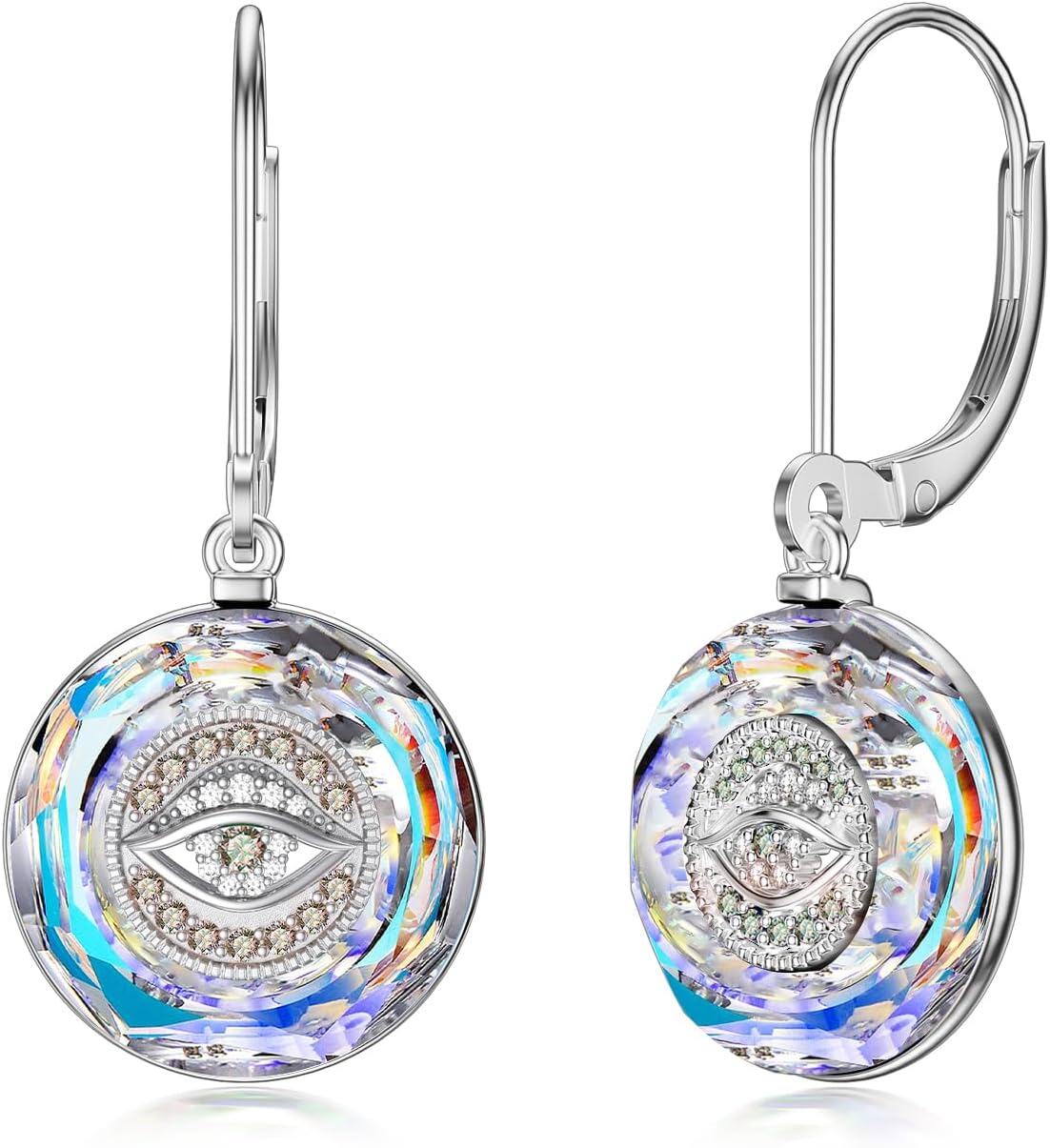 wholesale Sterling Silver Crystal Evil Eye Leverback Earrings for Women-White