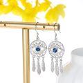 wholesale 925 Sterling Silver & Blue Cubic Zirconia Bohemian Dream Catcher Evil Eye Pendant Earrings with Leaf Pattern for Women-0-1