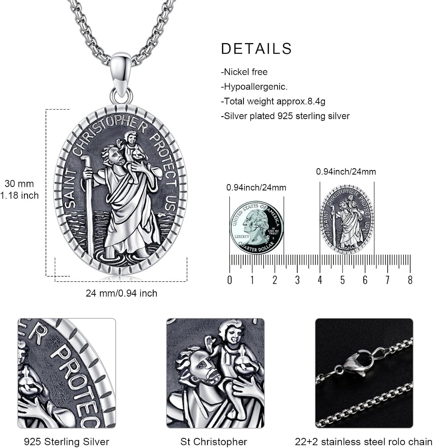 Sterling Silver Patron Saint Amulet Protection Medal Necklace Catholic Jewelry Gift for Men Women-0-2