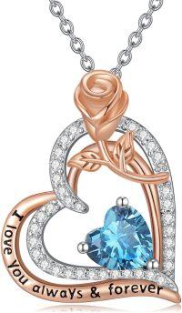 wholesale 925 Sterling Silver Rose Birthstone Necklace Heart Pendant Jewelry Gift for Women-03-March