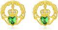 wholesale 925 Sterling Silver & Emerald Green CZ Yellow Gold Plated Claddagh Earrings, Traditional Irish Heart Hands Crown Design, Hypoallergenic, Gift Box-0-0
