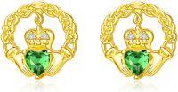 wholesale 925 Sterling Silver & Emerald Green CZ Yellow Gold Plated Claddagh Earrings, Traditional Irish Heart Hands Crown Design, Hypoallergenic, Gift Box-Gold