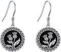 wholesale 925 Sterling Silver Scottish Thistle Drop Earrings with Black Enamel Accents-0-0