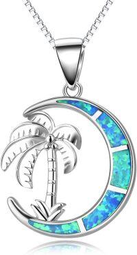 wholesale 925 Sterling Silver Blue Green Simulated Opal Palm Tree Pendant Necklace for Women-Moon - Palm Tree