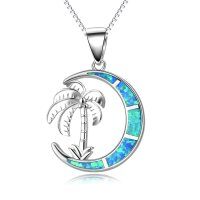 wholesale 925 Sterling Silver Crescent Moon Palm Tree Opal Pendant Necklace-Moon - Palm Tree