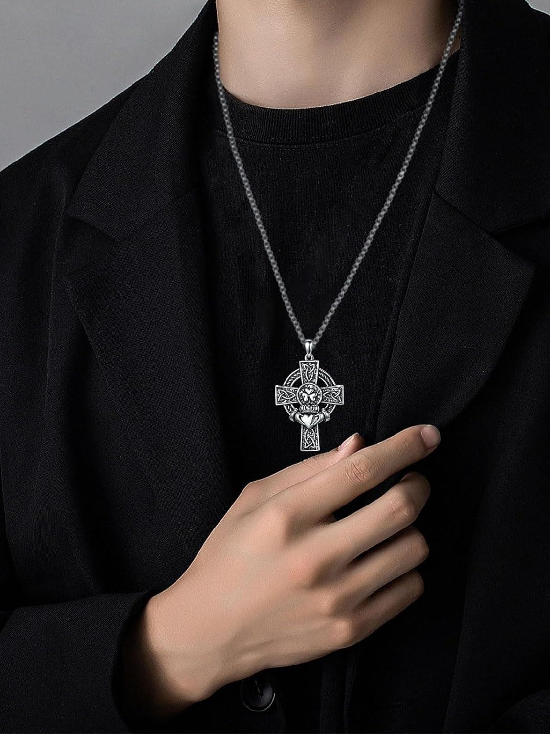 wholesale 925 Sterling Silver Celtic Knot Claddagh Shamrock Cross Pendant Necklaces for Men & Women Protection s with 24+2Rolo Chains (Gift Box Included)-0-5