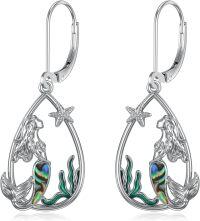 wholesale 925 Sterling Silver 925 Teardrop Mermaid & Starfish Drop Earrings w/Abalone Shell & Green Enamel-Ocean teardrop earrings-mermaid