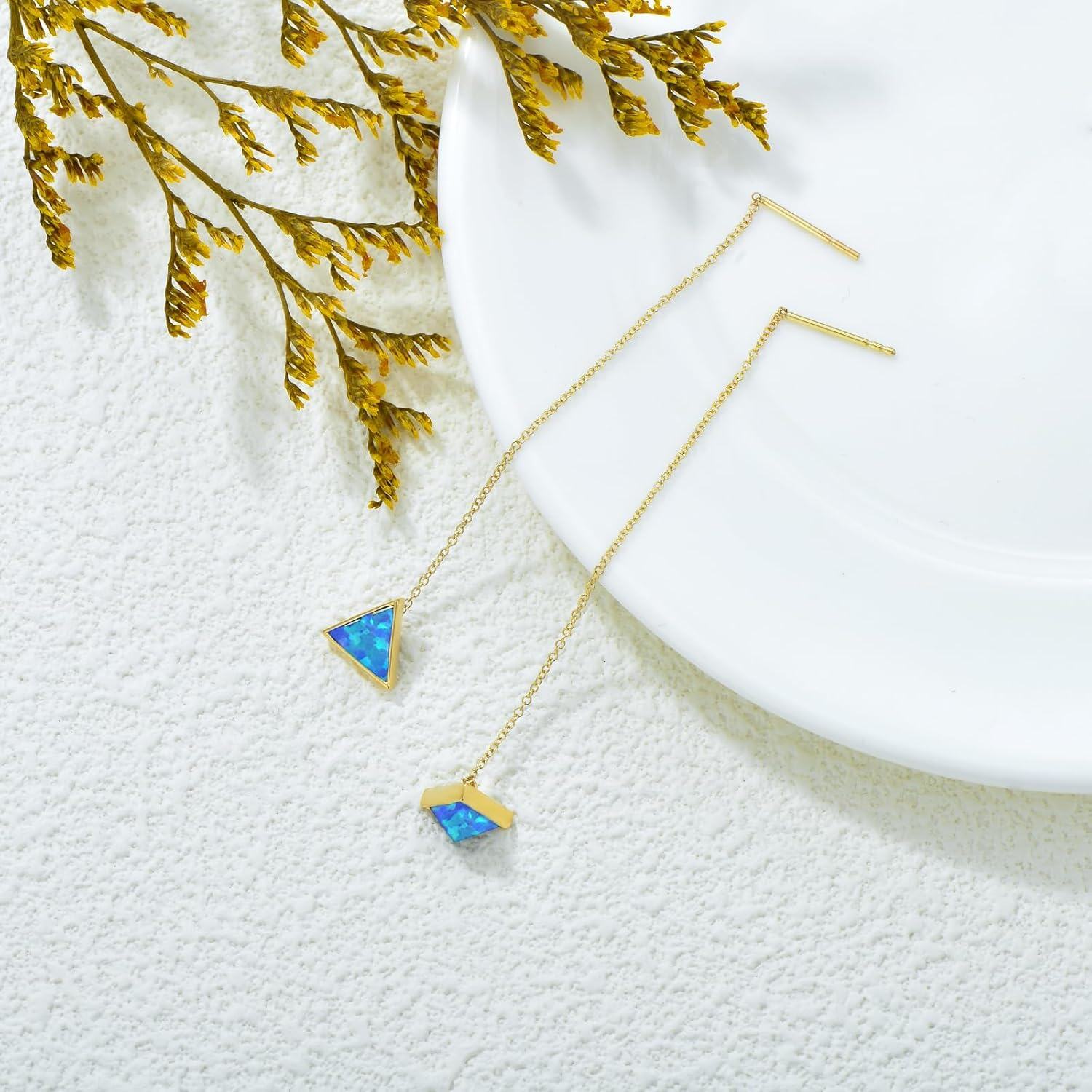 14K Gold Blue Opal Triangle Threader Earrings-0-2