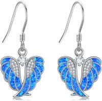 wholesale 925 Sterling Silver Blue Fire Opal Angel Wing Drop Earrings Gift for Her-blue