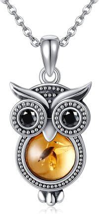 wholesale 925 Sterling Silver Owl Shape Citrine Stone Pendant Necklace for Women Gemstone Lovers Gifts-owl
