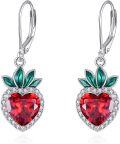 wholesale 925 Sterling Silver Heart-Shaped Red Crystal and Green Leaf Drop Earrings - Fruit Inspired Jewelry-0-0