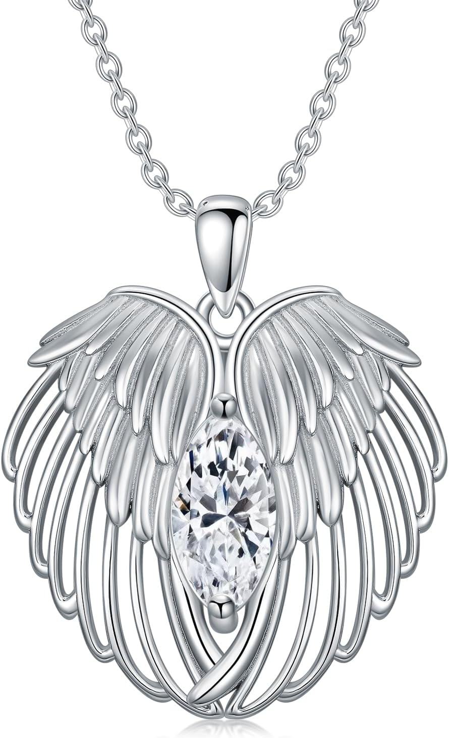  Sterling Silver Birthstone Angel Wings Necklace for Women -04-Simulated Diamond