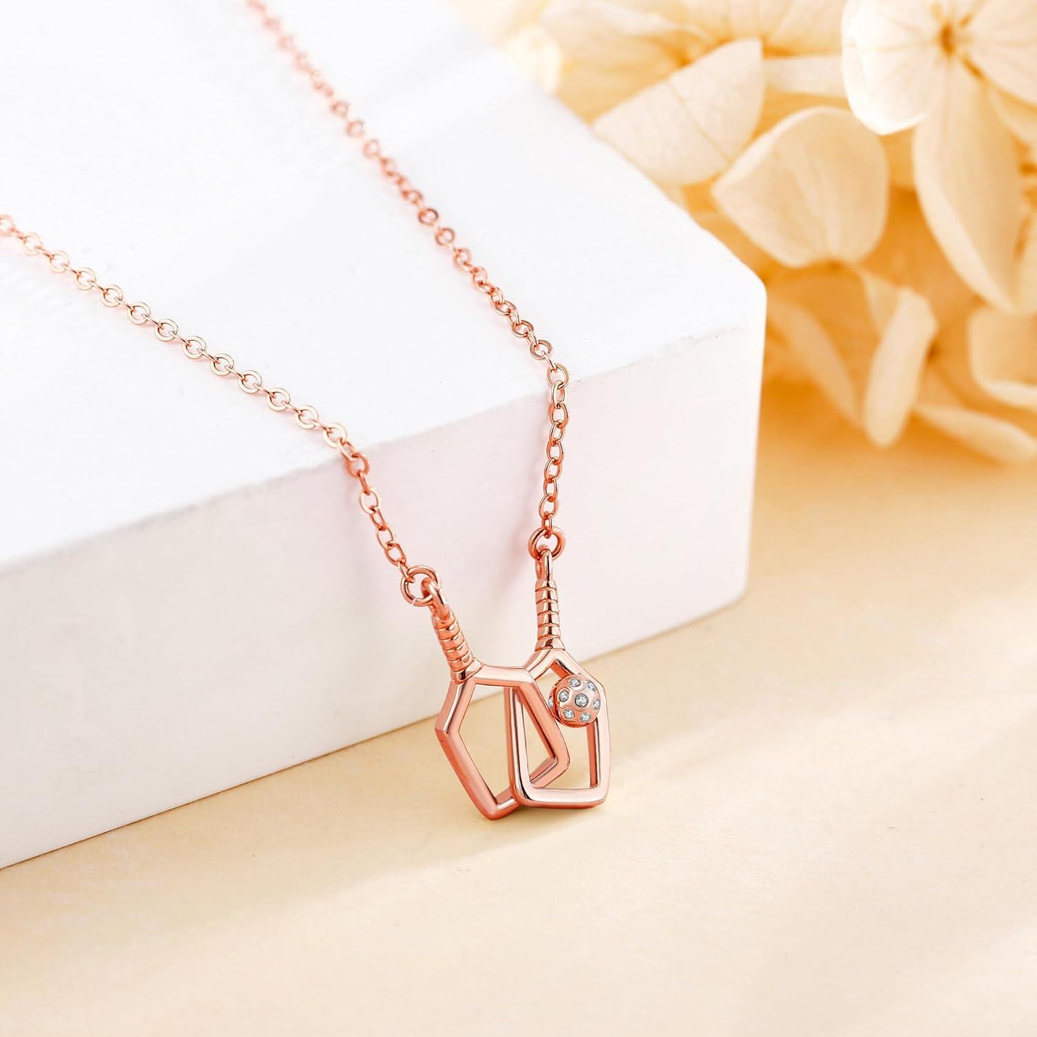 Rose Gold 925 Sterling Silver Pickleball Paddle & Ball Charm Necklace for Women-0-1