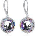 wholesale 925 Sterling Silver Round Moon Cat Drop Earrings with Rainbow Crystal and Black Stone Leverbacks - Gift for Her-0-5