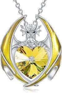 wholesale 925 Sterling Silver Crystal Dragon Necklace with Heart Birthstone Pendant-11-Nov
