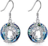 wholesale Sterling Silver Blue Crystal Tree of Life Animal Earrings (Cardinal Owl Fox Snake Sloth Giraffe) Dangle Jewelry Gift for Women-Monkey