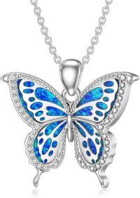 wholesale 925 Sterling Silver Blue Opal Butterfly Pendant Necklace with Cubic Zirconia Accents-Morpho Butterfly