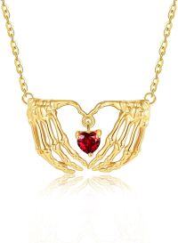 wholesale 14K Gold Skeleton Hands Heart Ruby Pendant Necklace for Women Mom Lover Gift-Skeleton Heart Necklace