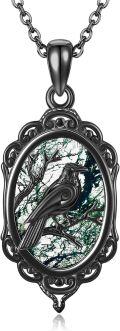 wholesale 925 Sterling Silver Black Raven Pendant Necklace with Green Stone Background-0-0