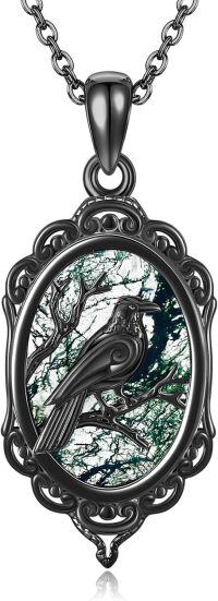wholesale 925 Sterling Silver Black Raven Pendant Necklace with Green Stone Background-Raven