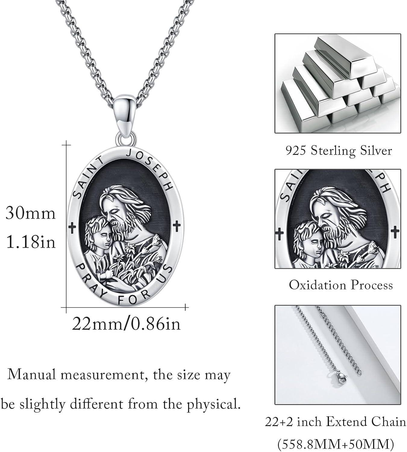 925 Sterling Silver Saint Joseph Patron of Family and Happy Life Pendant Necklace for Men & Women-0-2