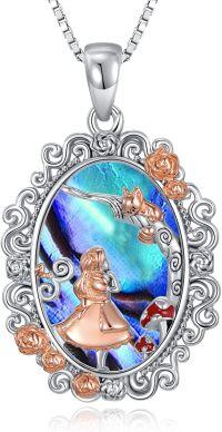 wholesale 925 Sterling Silver Blue Abalone Shell Alice in Wonderland Cat Pendant Necklace with Red Rose and Mushroom Elements - Gifts for Her-A-Cat-abalone