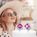 wholesale  Sterling Silver Cubic Zirconia Crystal Birthstone Stud Earrings - 7.8mm Pink Square Design for Sensitive Ears-0-4