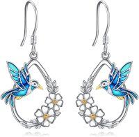 wholesale Sterling Silver Animal Dangle Earrings Cat Owl Fox Phoenix Peacock Butterfly Dragonfly Panda Elephant Bee Hummingbird Bat Moth Gift for Women-Hummingbird