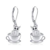 wholesale 925 Sterling Silver Owl in Teacup Dangle Drop Earrings Gift for Her-Owl