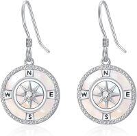 wholesale S925 Sterling Silver & 14K Gold Plated Compass Earrings with Turquoise/Mother-of-Pearl/Opal/Moss Agate/Abalone, Hypoallergenic Dangle Jewelry Gift for Women-Mother-of-Pearl