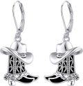 wholesale 925 Sterling Silver Black Enamel Cowboy Boots & Hat Leverback Earrings 3D Western Style Jewelry for Women Girls Gift USA Made-0-0