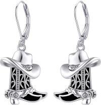 wholesale 925 Sterling Silver Black Enamel Cowboy Boots & Hat Leverback Earrings 3D Western Style Jewelry for Women Girls Gift USA Made-boot 2