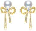 wholesale Gold 925 Sterling Silver Ribbon Pearl Stud Earrings with Cubic Zirconia and Crystal Accents-0-0