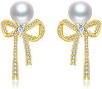 wholesale Gold 925 Sterling Silver Ribbon Pearl Stud Earrings with Cubic Zirconia and Crystal Accents-Gold Bow Tie