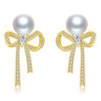 wholesale 925 Sterling Silver Pearl Bow Earrings-Gold Bow Tie