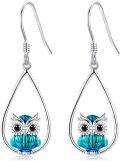 wholesale 925 Sterling Silver Owl Teardrop Dangle Earrings with Blue Enamel Stones for Women's -0-0