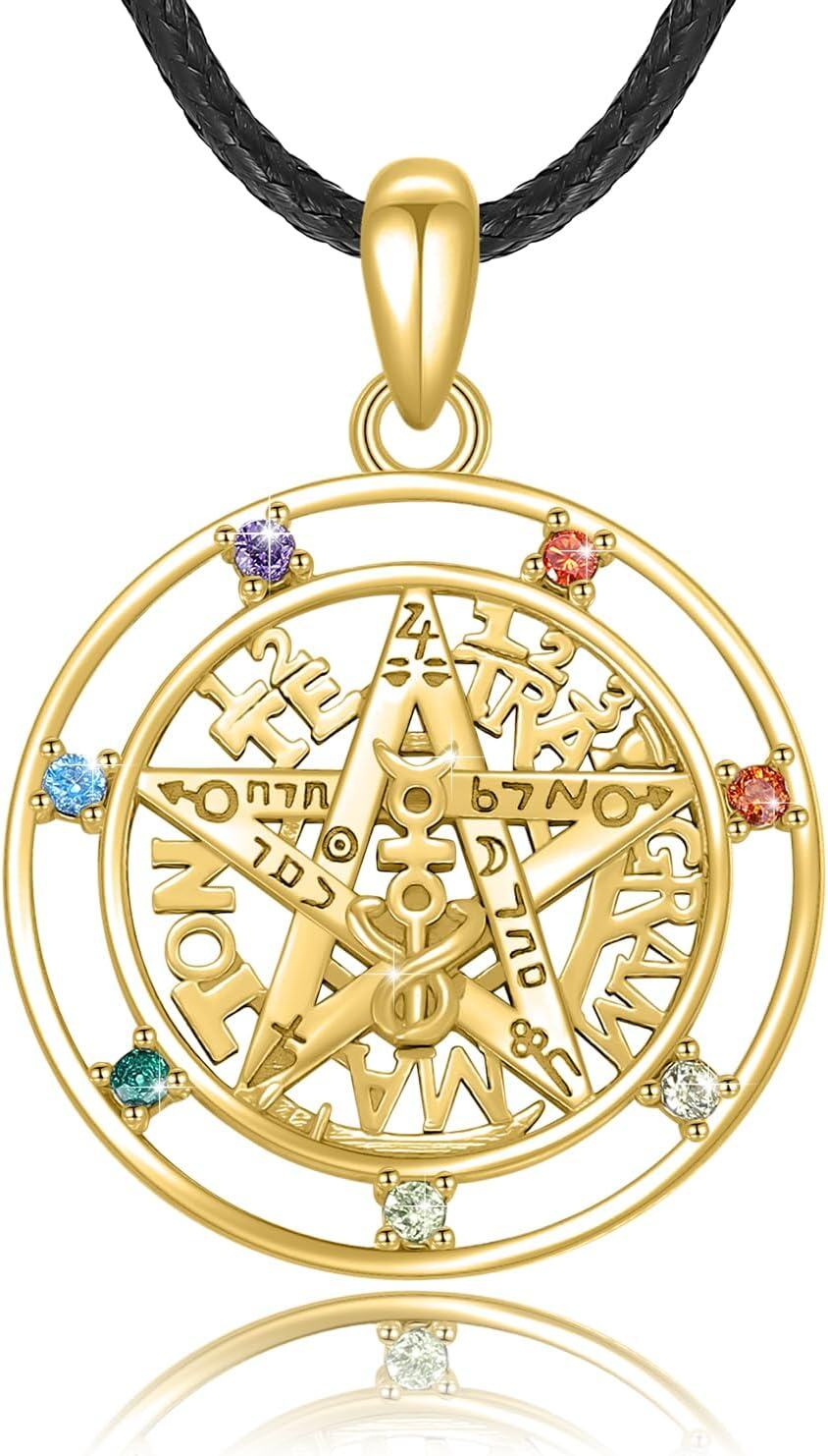 Sterling Silver Chakra Pentagram Amulet Necklace for Women Men-Yellow Gold Plated