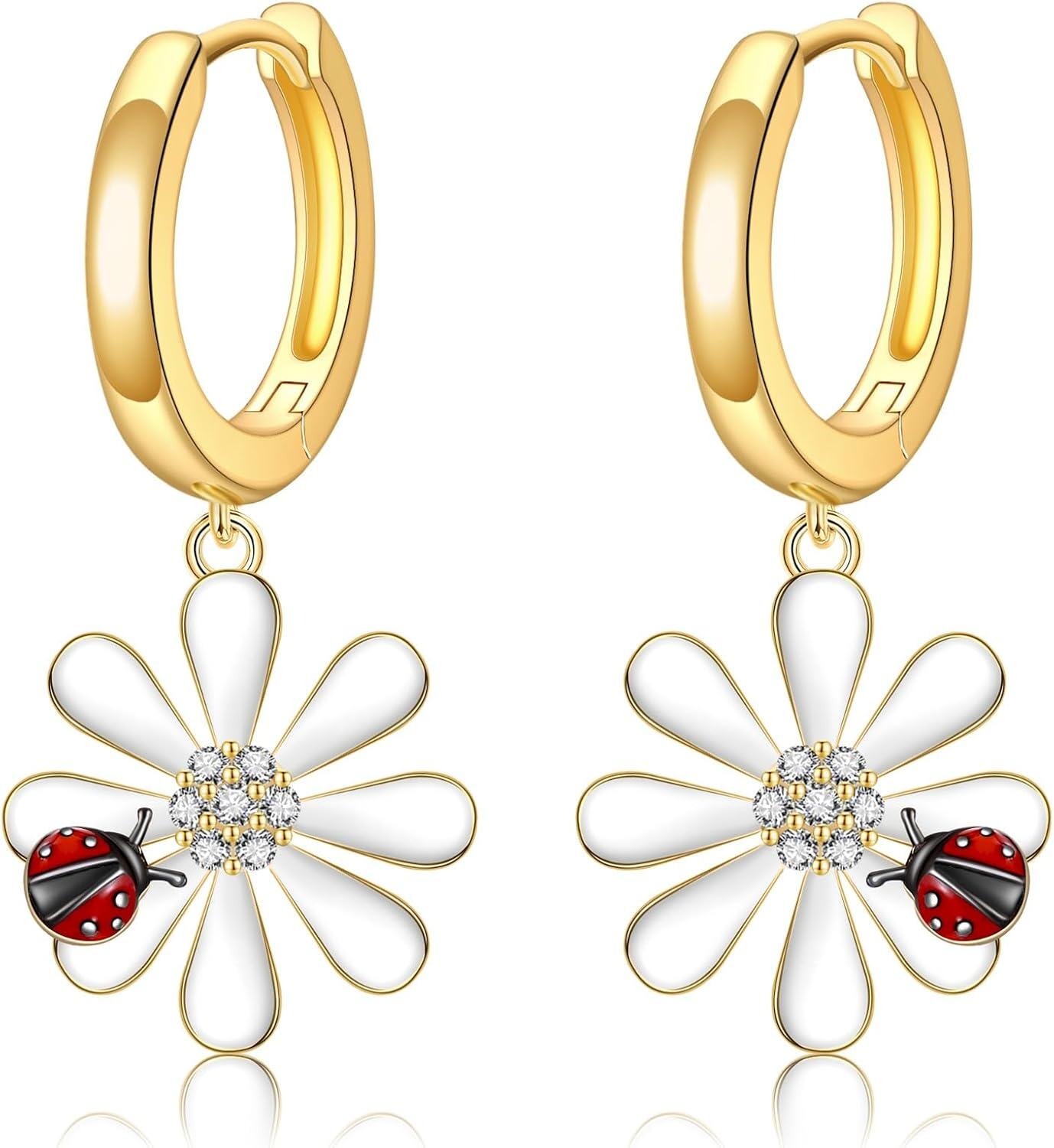 wholesale 925 Sterling Silver Ladybug Daisy Drop Earrings-0-0