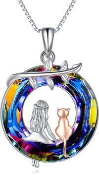wholesale 925 Sterling Silver Rainbow Crystal Girl & Cat Locket Pendant Necklace-Cat necklace
