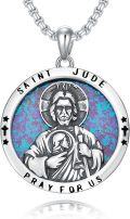 wholesale 925 Sterling Silver Round Blue Opal Saint Jude Pray for Us Medal Pendant Necklace-0-0