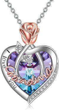 wholesale 925 Sterling Silver I Love You Grandma Necklace with Rose Flower and Heart Crystal Pendant for Women-02 Feb-Grandma Necklace with Heart Crystal
