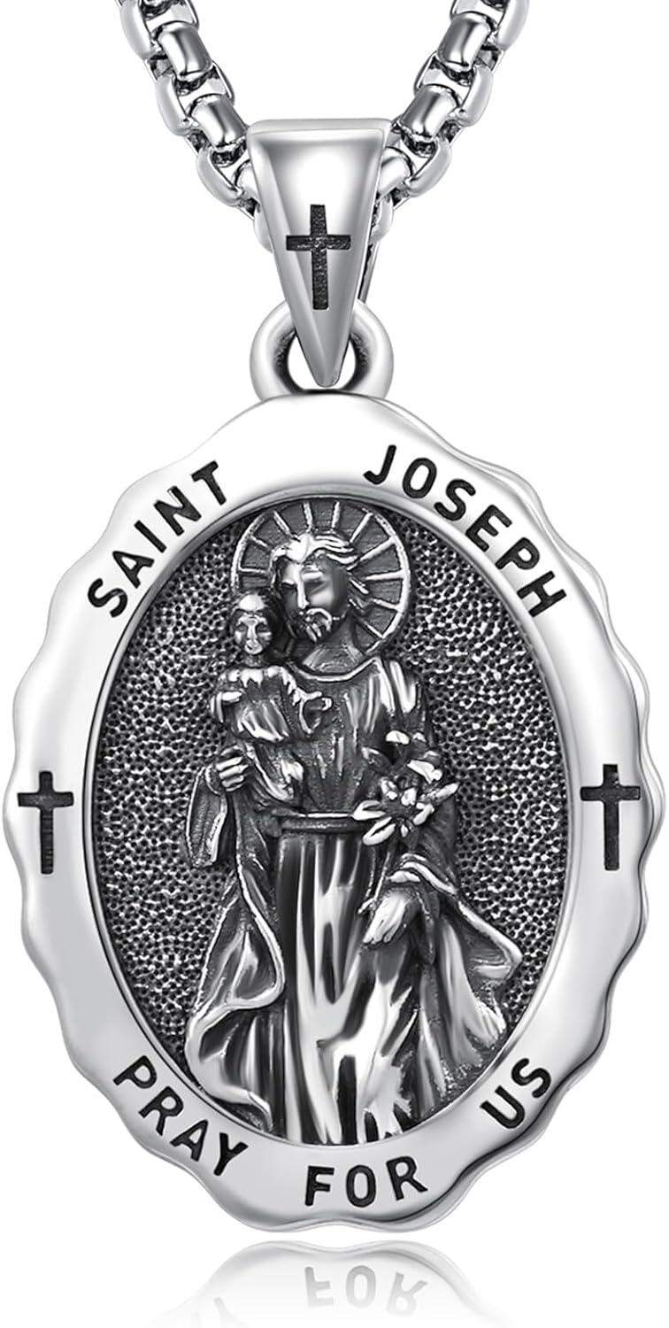 Sterling Silver Catholic Pendant Necklaces w 2 0mm Chain Patron Saint Medals Pray for Us Christian Jewelry Gifts-St-Joseph