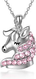 wholesale 925 Sterling Silver Pink Crystal Unicorn Pendant Necklaces for Girls Women's Gifts Birthdays Jewelry-0-0