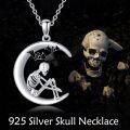 wholesale 925 Sterling Silver Crescent Moon with Bat and Alien Skull Pendant Necklace Gothic Halloween Jewelry for Women Girls-0-1