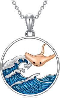 wholesale 925 Sterling Silver Round Pendant with Stingray and Waves Design - Ocean Themed Necklaces for Women & Men-Stingray