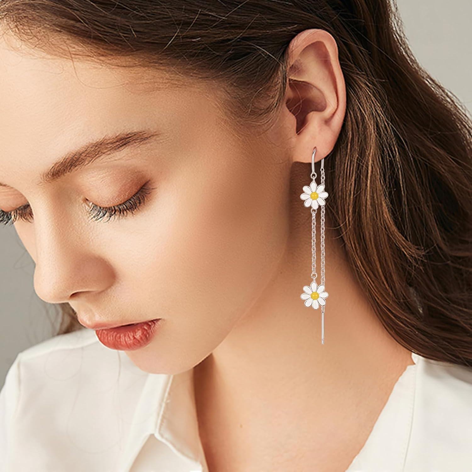 925 Sterling Silver Daisy Flower Drop Earrings for Women Girls  925 Sterling Silver Chain Long Hanging Earings Minimalist Fashion Accessories Lightweight Hypoallergenic Nickel Free Safe Everyday Wear Trendy Bohemian Style Statement Piece Unique Birthday Christmas Valentine's Day Present Idea Under $30 USD-0-2